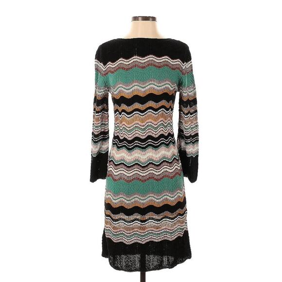 Missoni Mini Dress Striped Zig Zag Knit Long Sleeve 36 0 Wool Viscose Tie Neck - Picture 3 of 7
